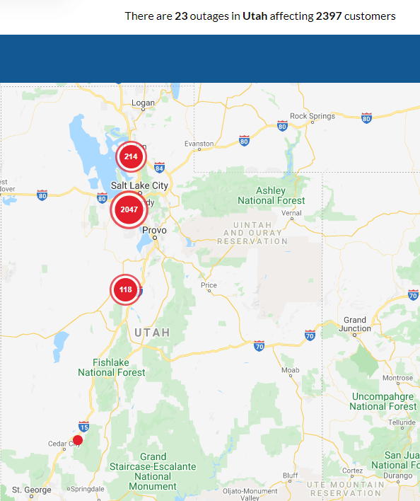 POWER OUTAGES: @RMP_Utah is reporting almost 2,400 customers without power. Crews are working to get power restored