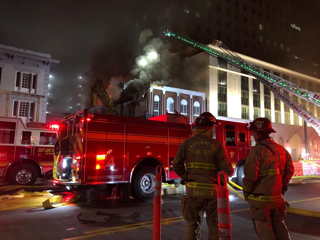 SLC 2ndAlarm 150 E South Temple St. @slcfire crews on scene of StructureFire. Crews dispatched at 0156. On arrival heavy smoke and flames were visible 2nd Flr and extended to 3rd flr/roof. 