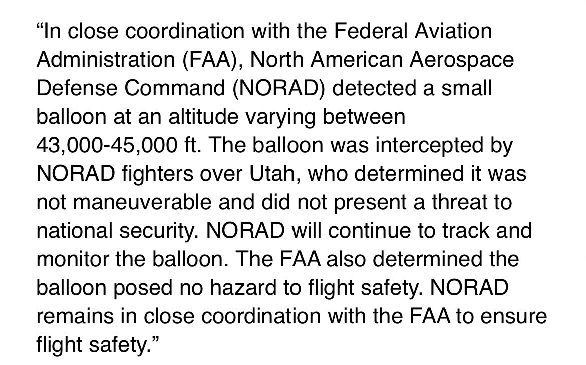 NORAD confirms intercepting balloon. Fighters caught up with it over Utah between 43-45k feet. Deemed not a threat to air traffic. Source describes the payload as ~2 foot cube under a Mylar balloon. Continues to move east fast thanks to a strong jet stream. NORAD statement