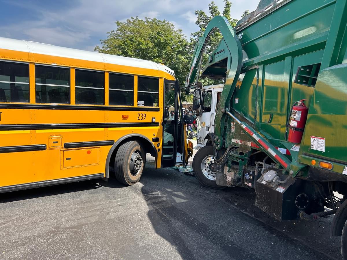 SpanishFork On August 8, 2024.Spanish Fork Police as well as Fire/EMS were dispatched to a School Bus vs Garbage truck head on collision around 3:00 PM.  The accident occurred at the intersection of 630 West 400 North.