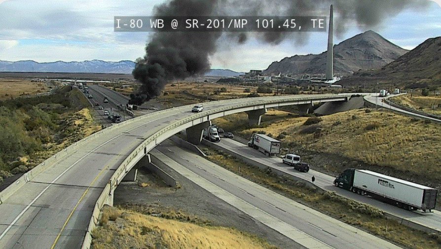 I-80 MM-102 EB. A semi with 2 trailers has crashed, rolled over, and caught fire. Trooper on scene advises reports that the driver was trapped. All EB traffic is being diverted to U-201 EB. 