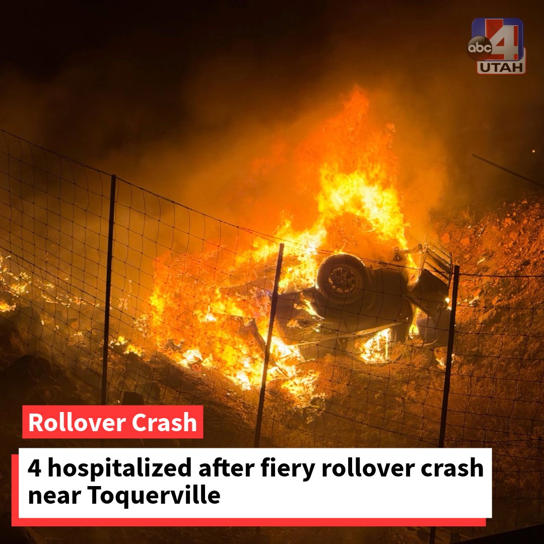 Four people were taken to the hospital after a fiery rollover crash near Toquerville early Sunday morning, according to Hurricane Valley Fire & Rescue